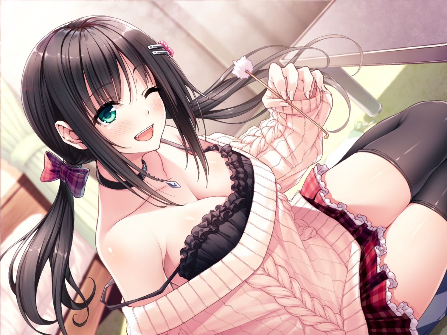 bra cleavage hasumi_(hasubatake39) lingerie sweater thighhighs whisp