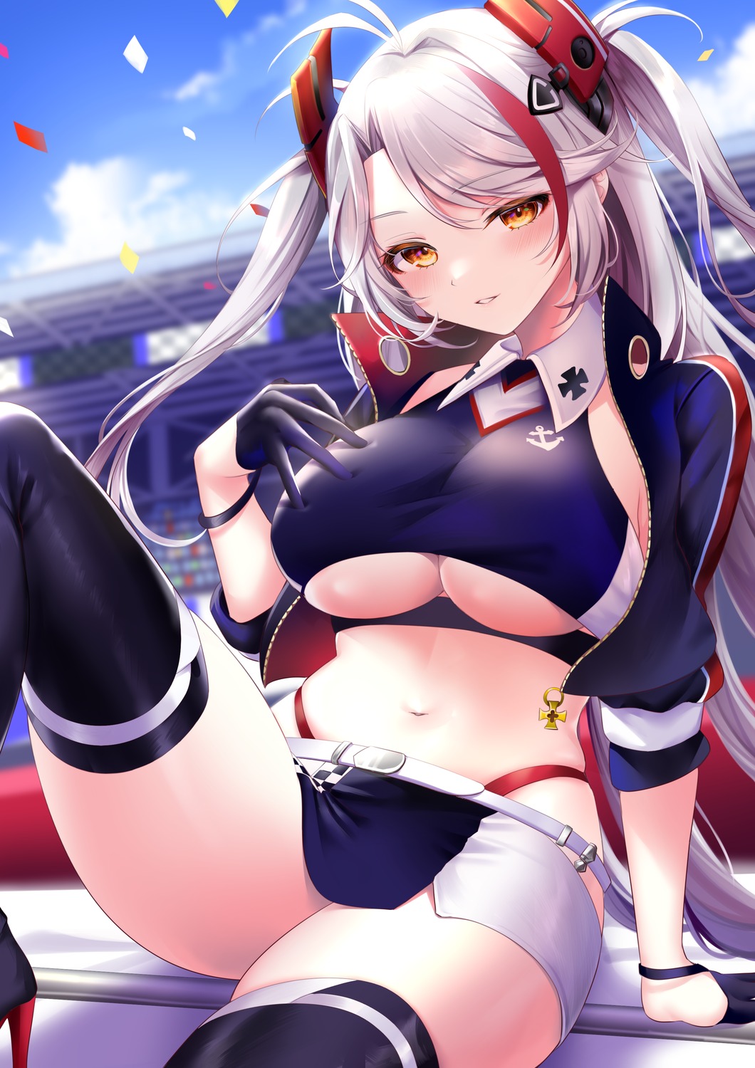 azur_lane heels no_bra pontaro prinz_eugen_(azur_lane) shirt_lift skirt_lift thighhighs underboob uniform