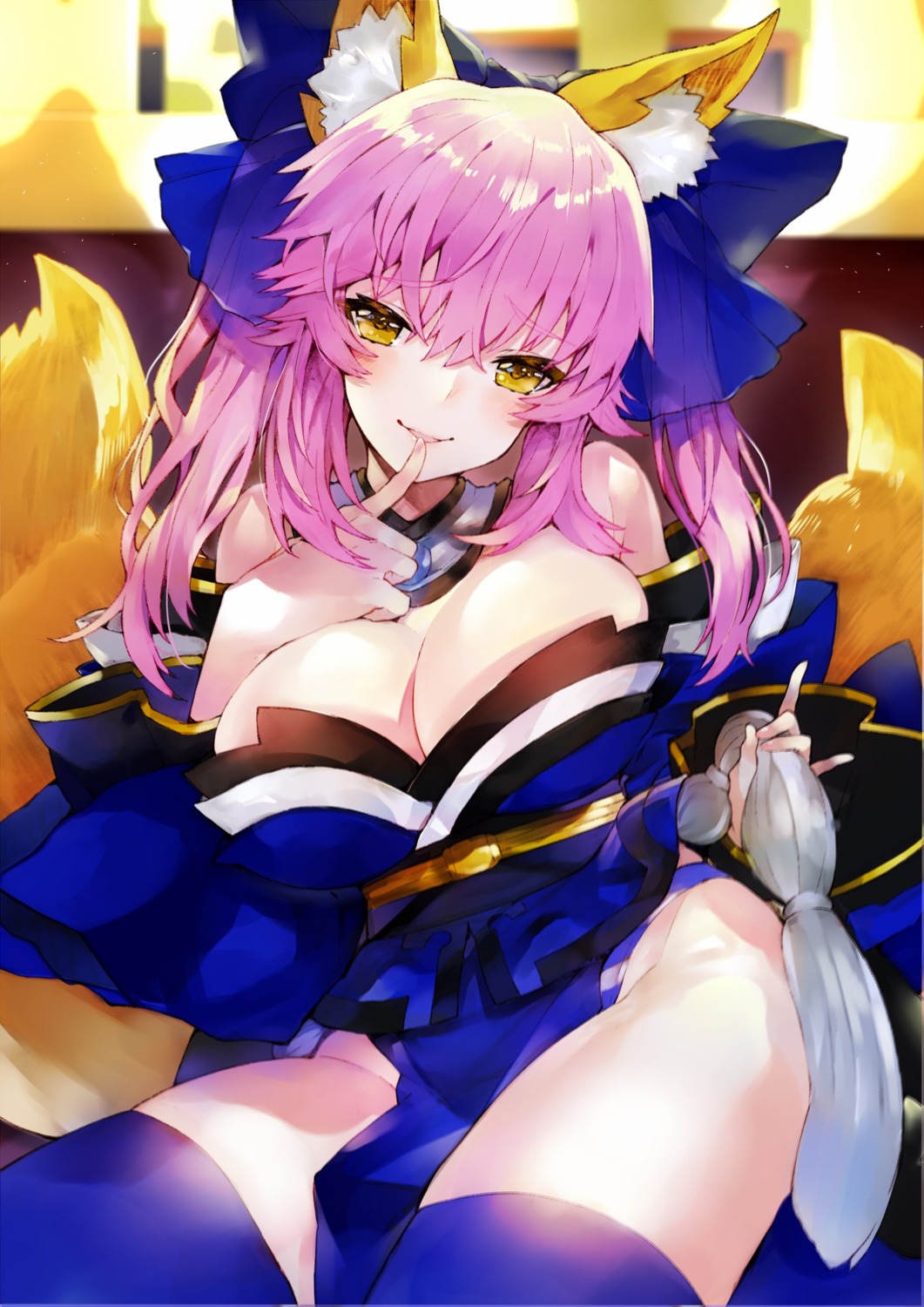 animal_ears fate/grand_order japanese_clothes kou_mashiro pantsu shimapan tail tamamo_no_mae thighhighs