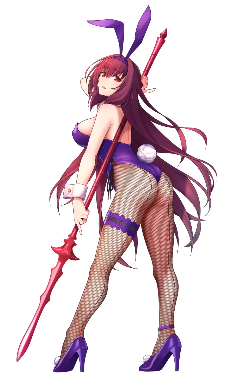 animal_ears ass bunny_ears bunny_girl erect_nipples fate/grand_order fishnets garter heels no_bra pantyhose sano_jinya scathach_(fate/grand_order) tail weapon