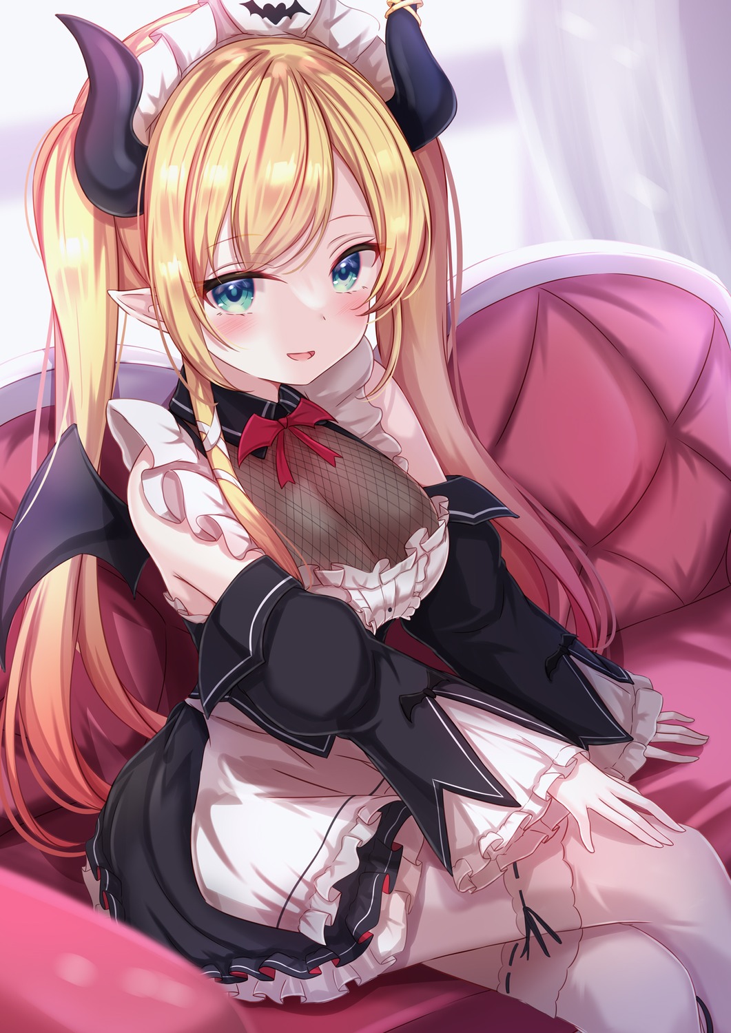 fishnets hololive horns maid pointy_ears see_through thighhighs wings yuano yuzuki_choco