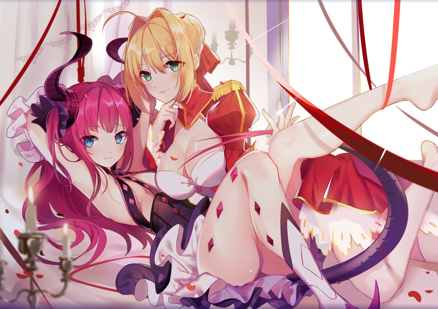 akira_(ying) cleavage elizabeth_bathory fate/grand_order horns no_bra pantsu saber_extra tail