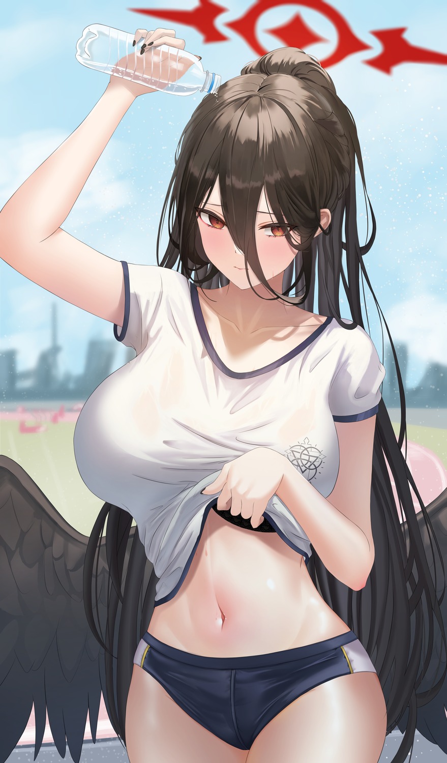 angel blue_archive bra buruma gym_uniform hanekawa_hasumi raura.shun shirt_lift undressing wings