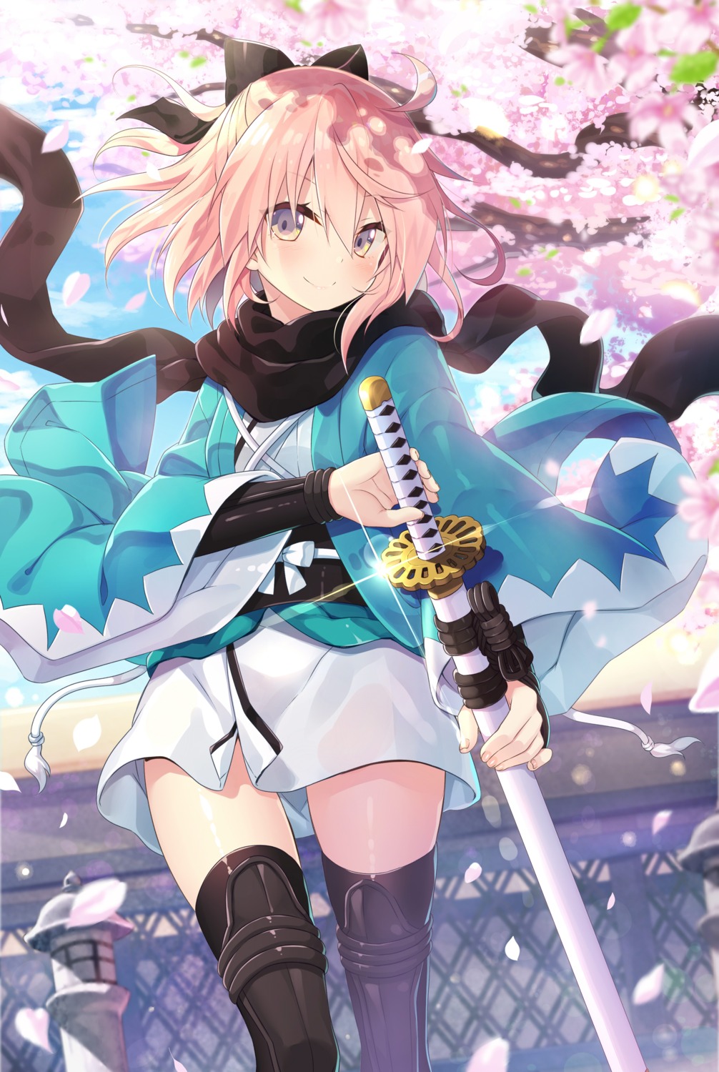 fate/grand_order japanese_clothes okita_souji_(fate) sword thighhighs yano_mitsuki