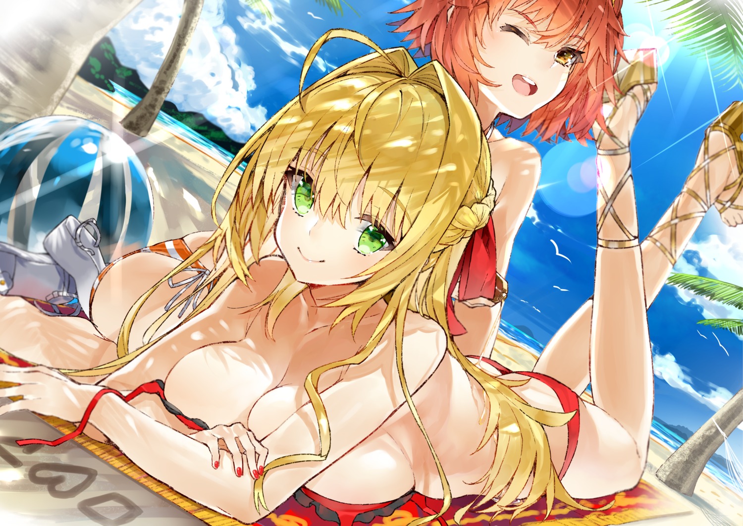 bikini breast_hold fate/grand_order fujimaru_ritsuka_(female) heels kou_mashiro saber_extra swimsuits wardrobe_malfunction