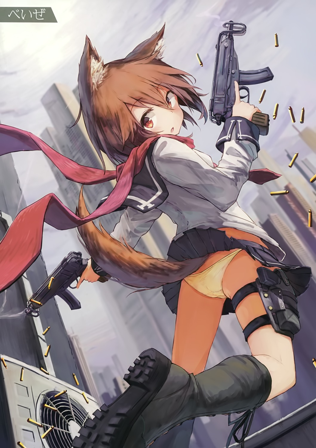 animal_ears ass beize_(garbage) gun pantsu seifuku skirt_lift tail