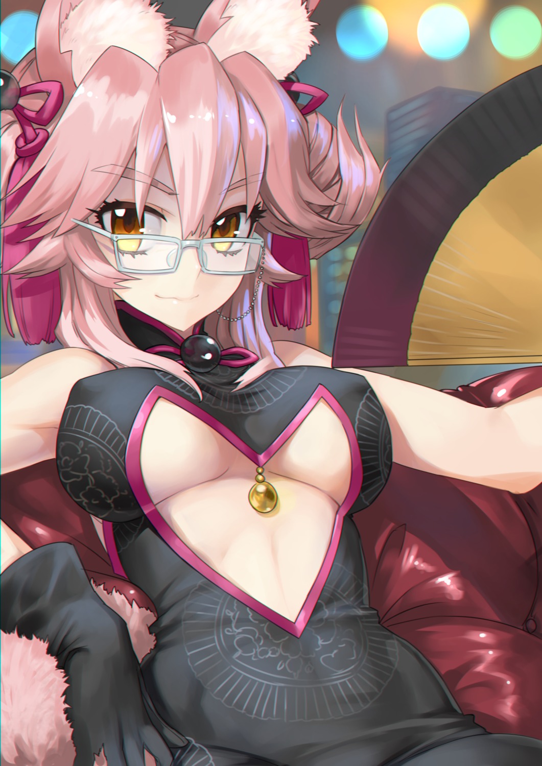 animal_ears chinadress erect_nipples fate/grand_order megane ninnin_(shishitou) no_bra tamamo_vitch_koyanskaya underboob