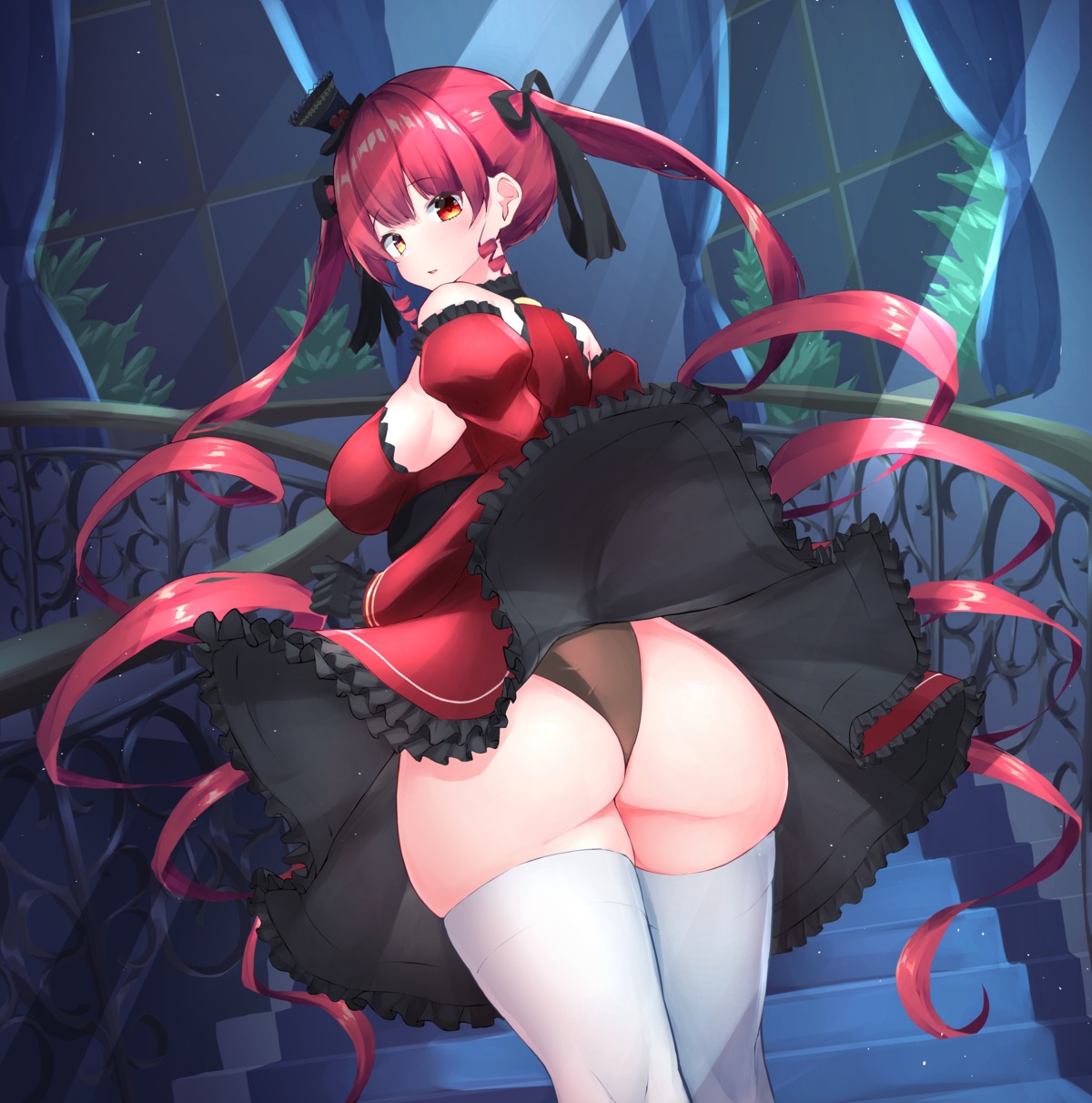 ass erect_nipples heterochromia hololive houshou_marine leotard nai skirt_lift thighhighs