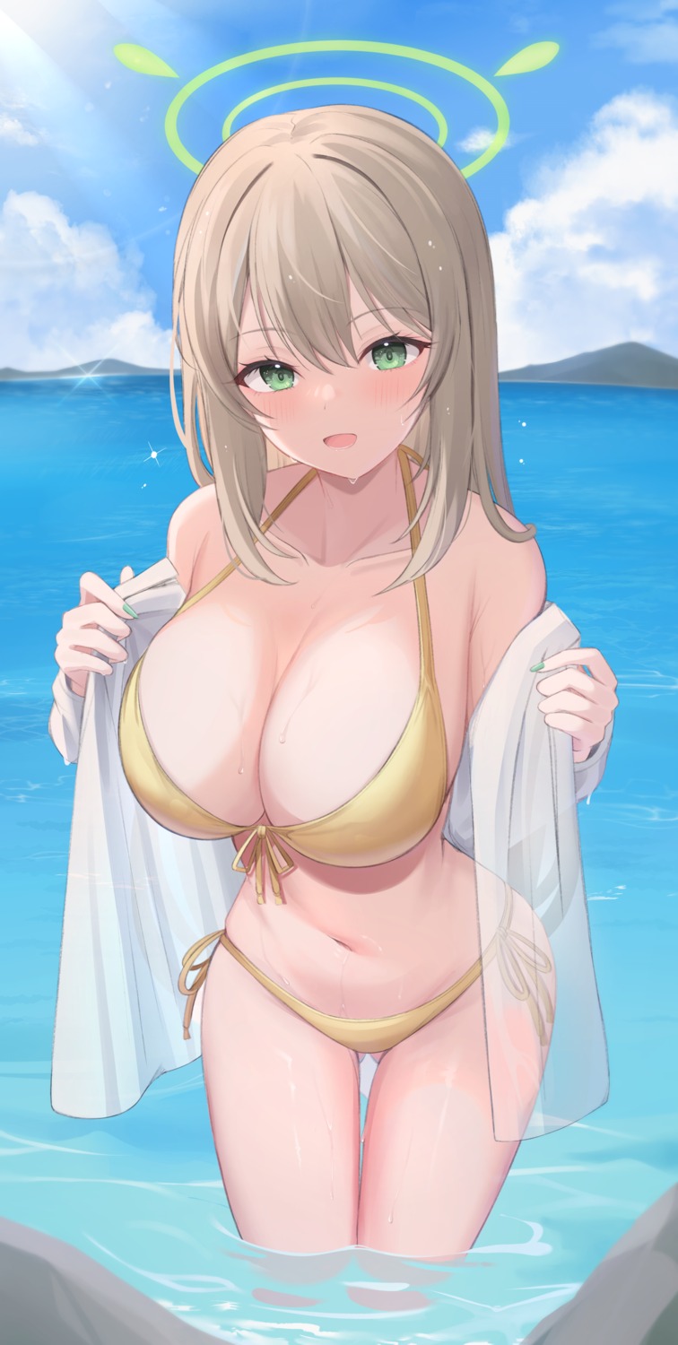 bikini blue_archive halo hiyayo25 izayoi_nonomi open_shirt see_through swimsuits undressing wet