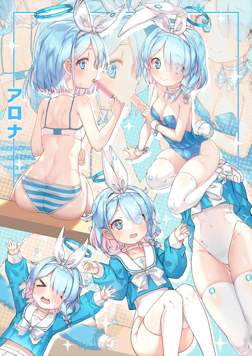 animal_ears arona_(blue_archive) ass bikini blue_archive bunny_ears bunny_girl halo kinos_(kw00789) loli no_bra seifuku swimsuits thighhighs