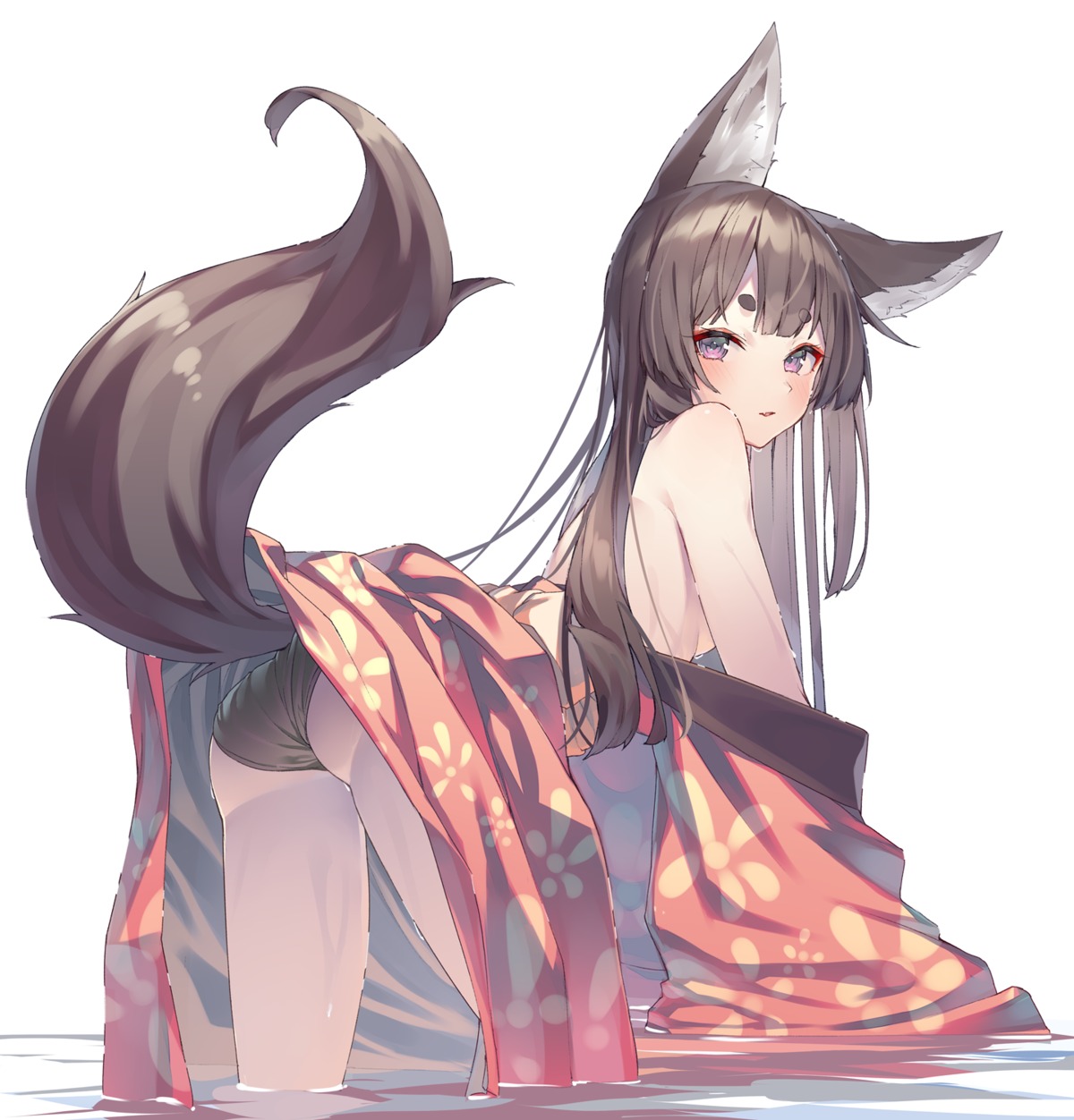 animal_ears ass breasts kimono kitsune no_bra open_shirt pantsu shiro_youzuki skirt_lift tail wet