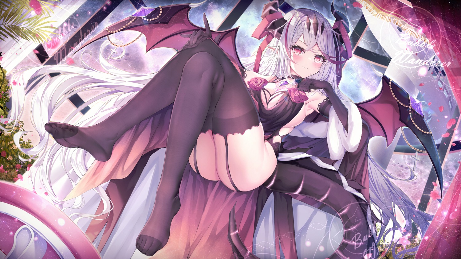 feet manman_manyou_haiyang_de_paomo no_bra pointy_ears stockings tail thighhighs wallpaper watermark wings