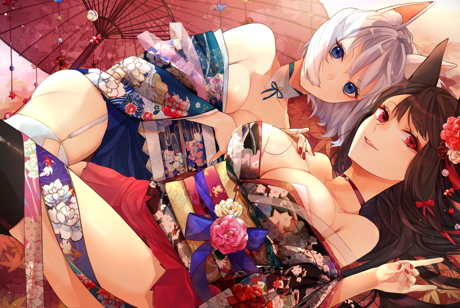 akagi_(azur_lane) animal_ears azur_lane breast_hold hutuu_(1121) japanese_clothes kaga_(azur_lane) no_bra open_shirt stockings thighhighs umbrella