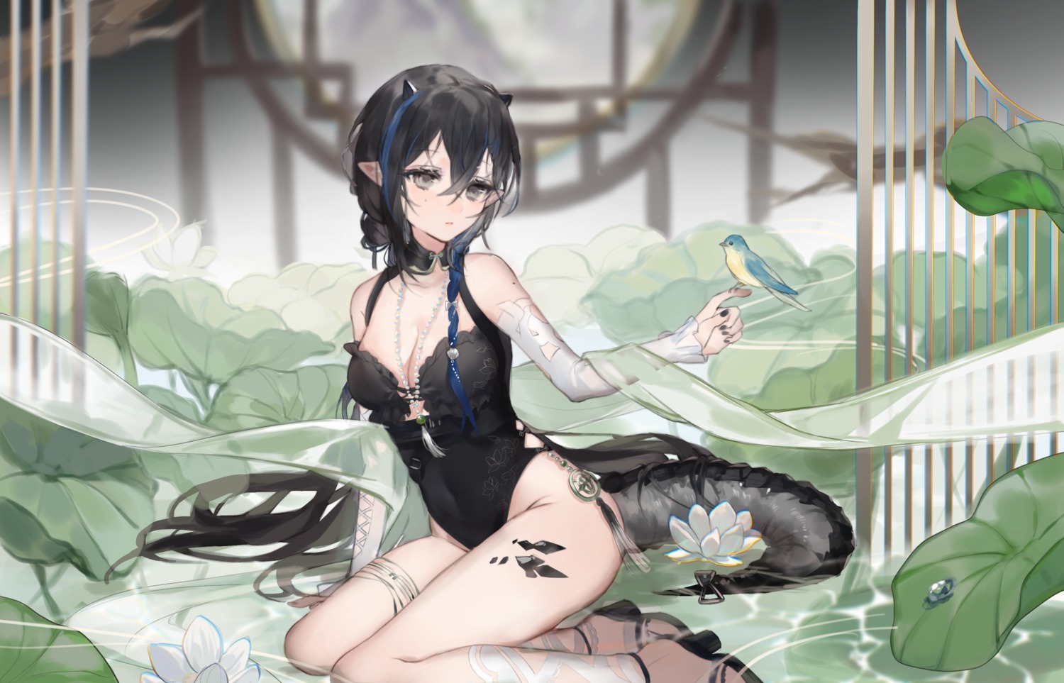 arknights blacknight_(arknights) garter heels horns kunguiyuzhimeng pointy_ears swimsuits tail wet