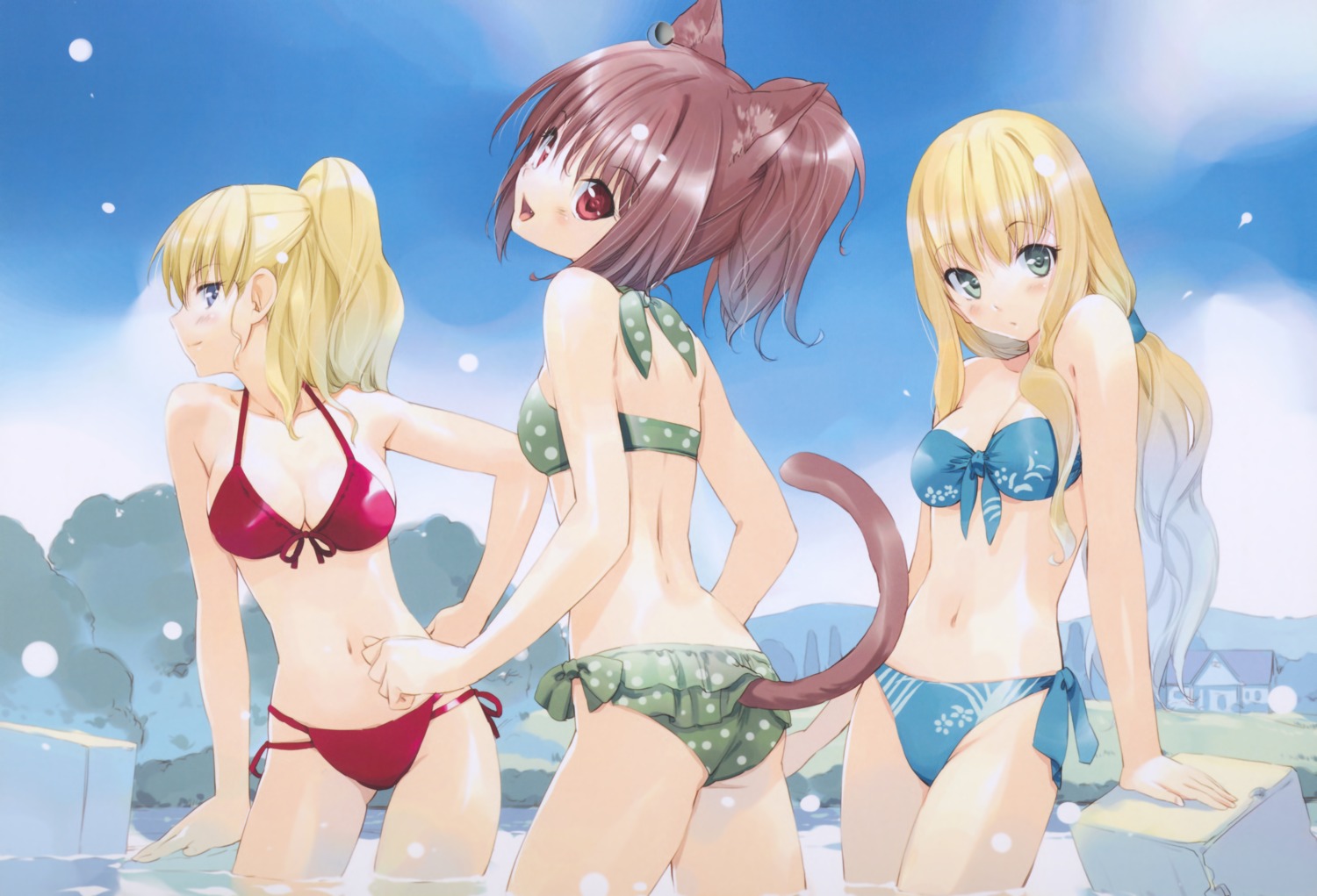 alice alice_in_wonderland animal_ears bikini cheshire_cat cleavage fancy_fantasia nekomimi queen_of_hearts swimsuits tail ueda_ryou