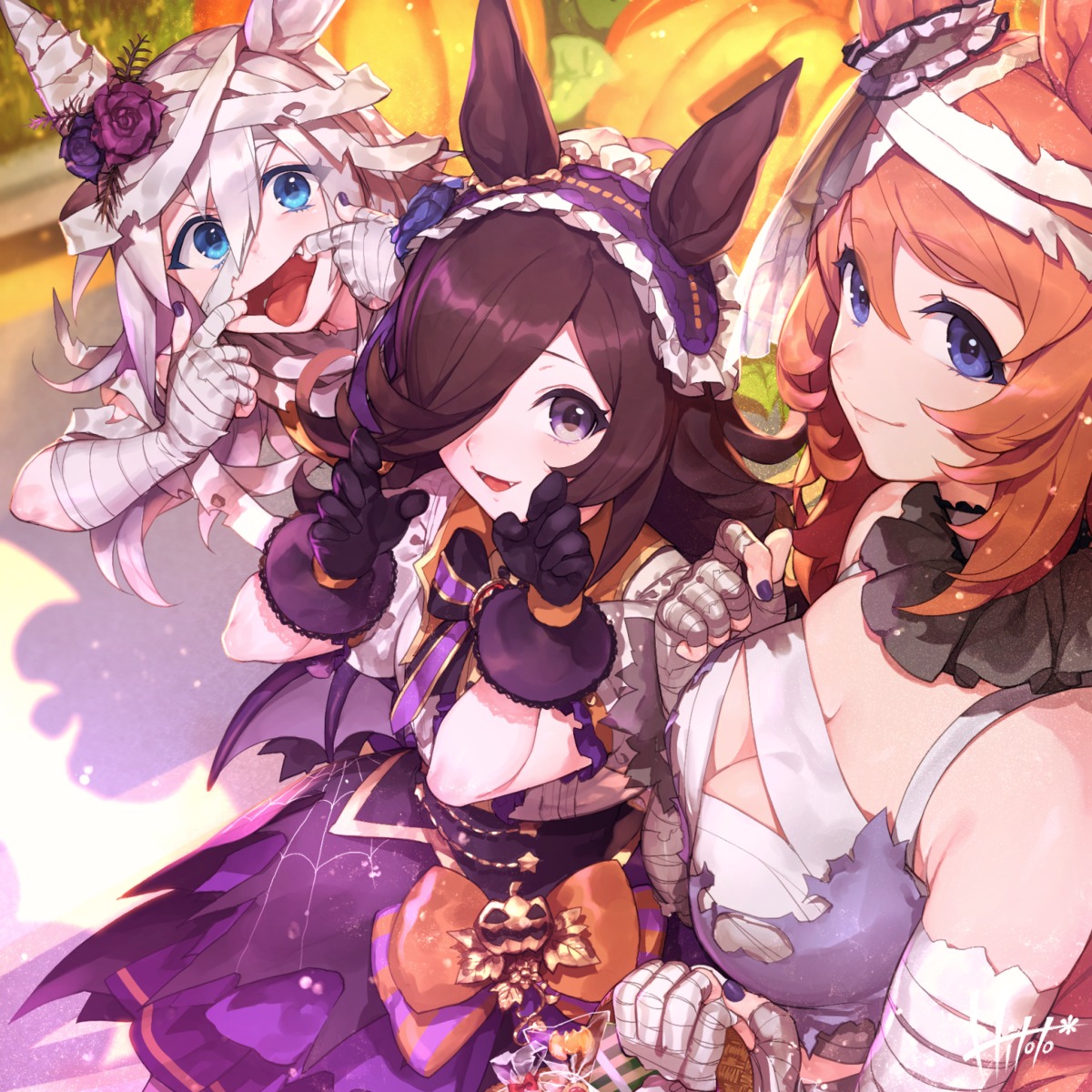 animal_ears bandages cleavage halloween hitoto naked_ribbon no_bra rice_shower_(umamusume) torn_clothes uma_musume_pretty_derby wings