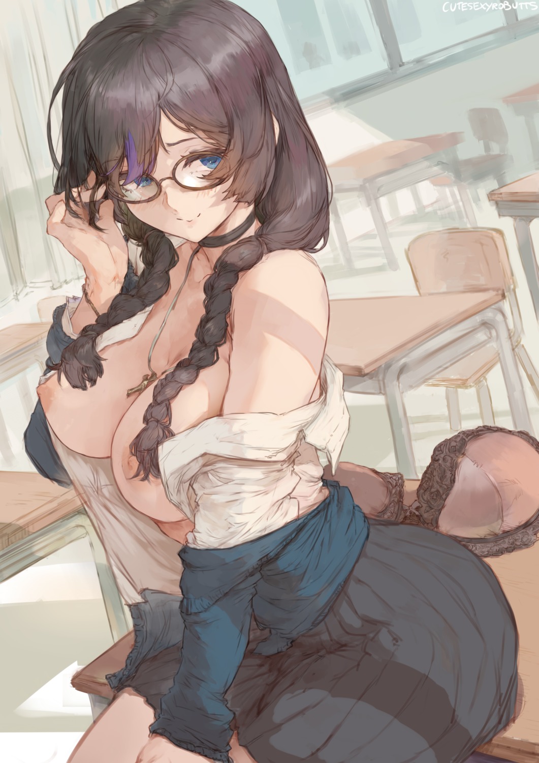 breasts cutesexyrobutts megane nipples no_bra open_shirt seifuku