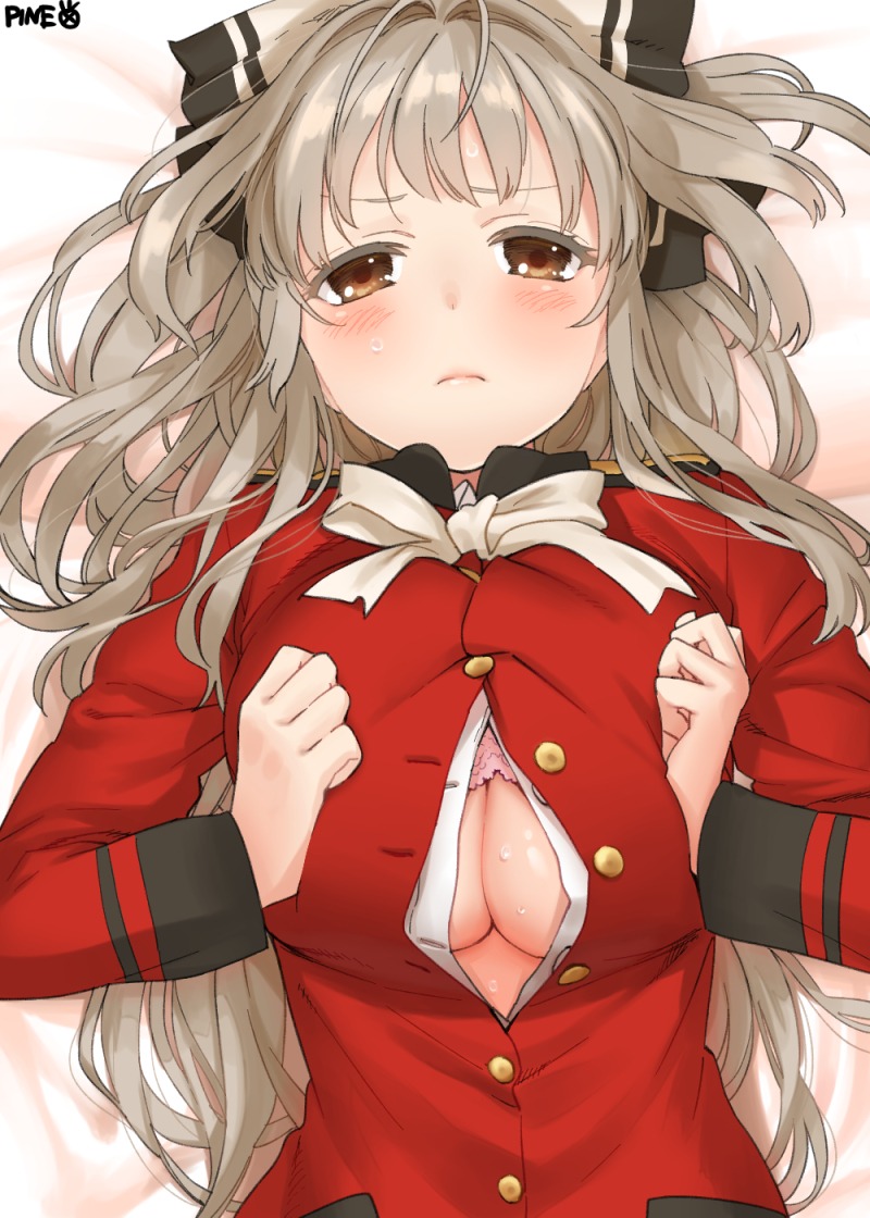 amagi_brilliant_park bra breast_hold cleavage open_shirt pine sento_isuzu uniform