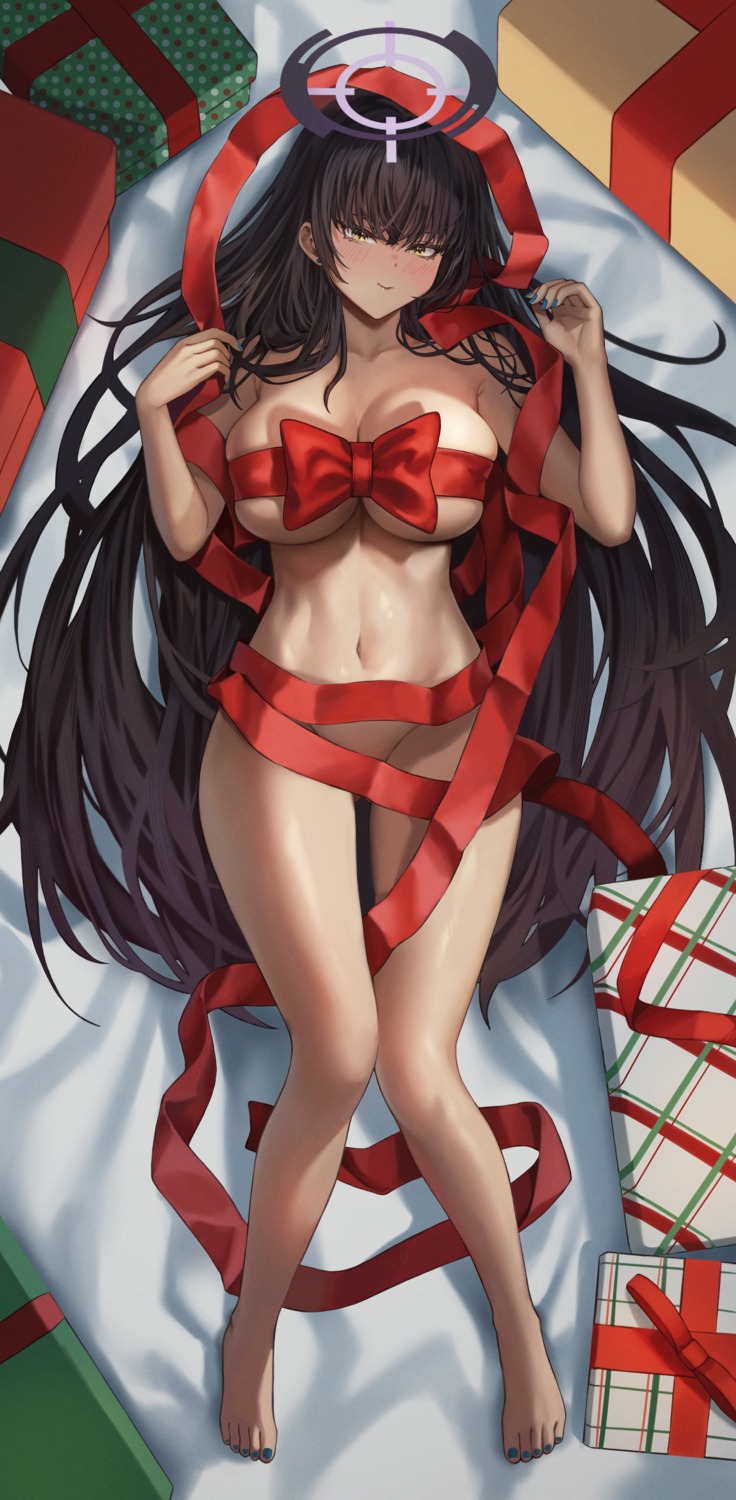 blue_archive christmas halo kakudate_karin naked_ribbon riro_(rir_0)