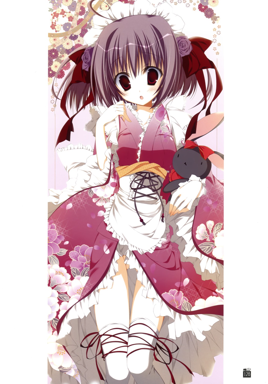 inugami_kira kimono maid nopan thighhighs