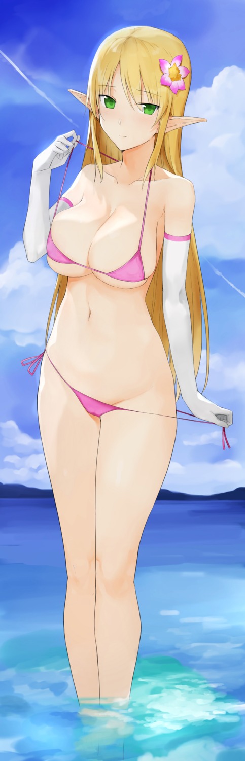 akitaka_(pixiv12739753) akitaka_akita bikini cleavage elf panty_pull pointy_ears swimsuits undressing wet