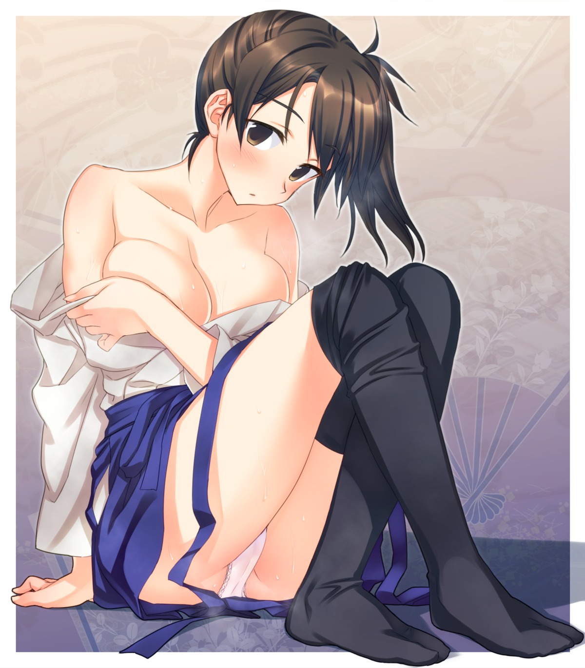 breast_hold cleavage japanese_clothes kaga_(kancolle) kantai_collection no_bra open_shirt pantsu thighhighs yuuki_keisuke