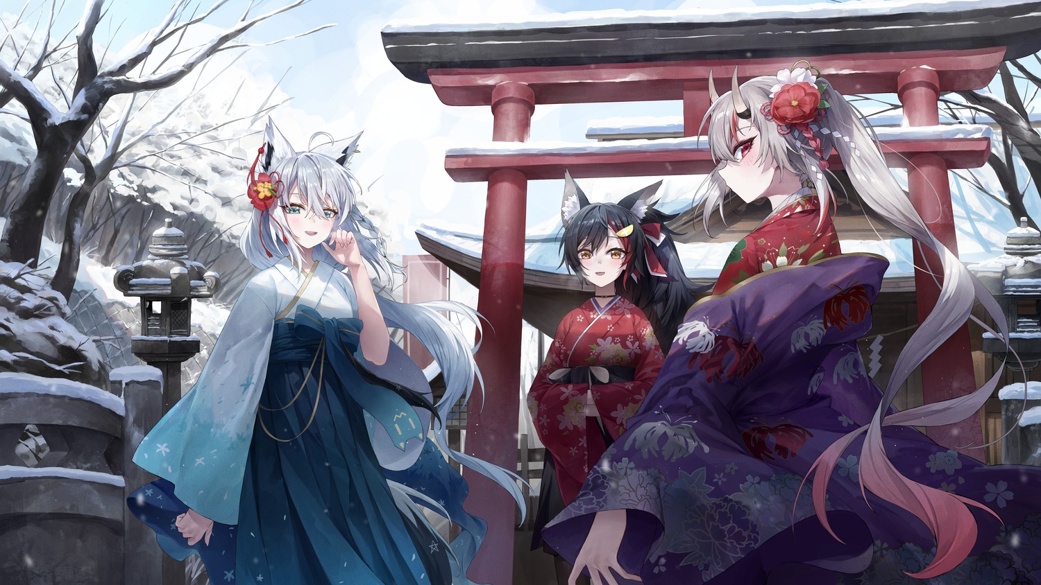 animal_ears fudepenbrushpen hololive hololive_gamers horns japanese_clothes kitsune nakiri_ayame ookami_mio shirakami_fubuki tail