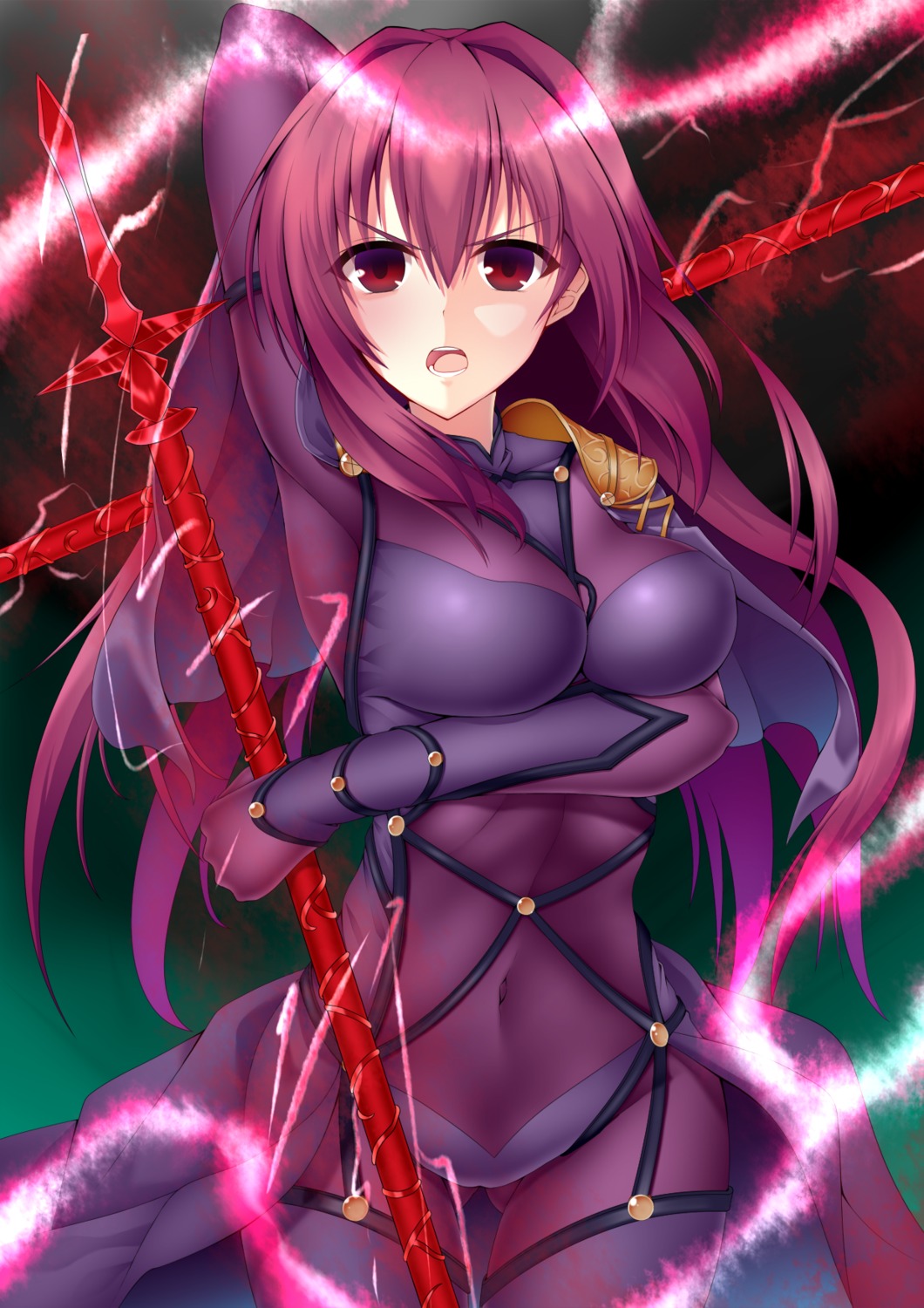 armor bodysuit breast_hold erect_nipples fate/grand_order kageharu3 scathach_(fate/grand_order) weapon
