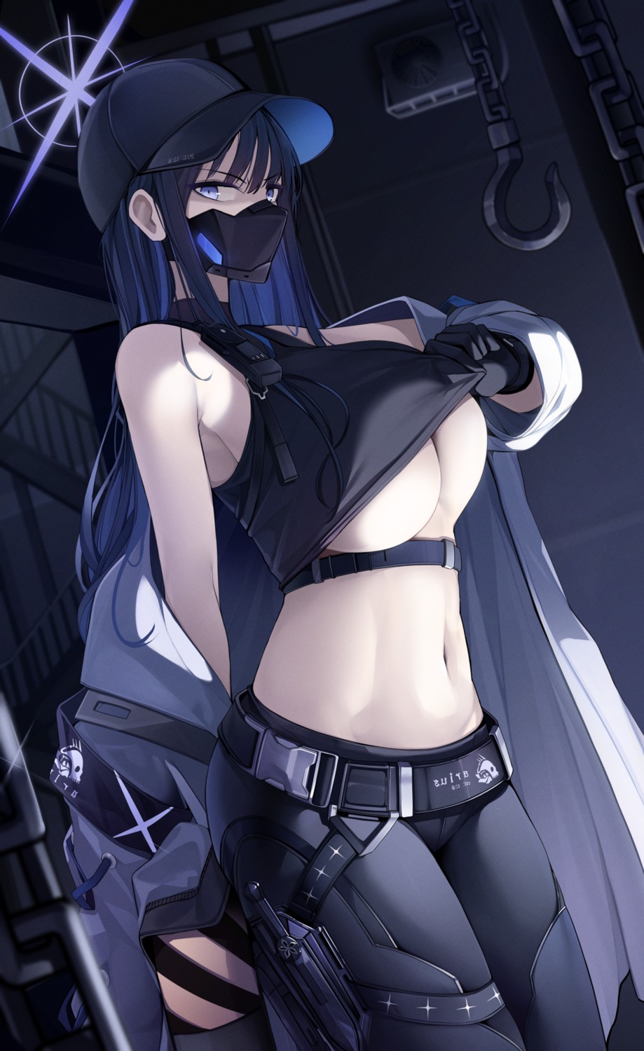 blue_archive ddangbi garter halo joumae_saori no_bra shirt_lift undressing