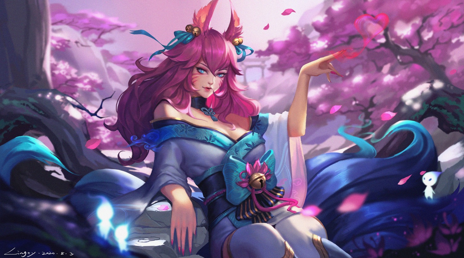 ahri animal_ears brush_l japanese_clothes kitsune league_of_legends no_bra open_shirt tail thighhighs