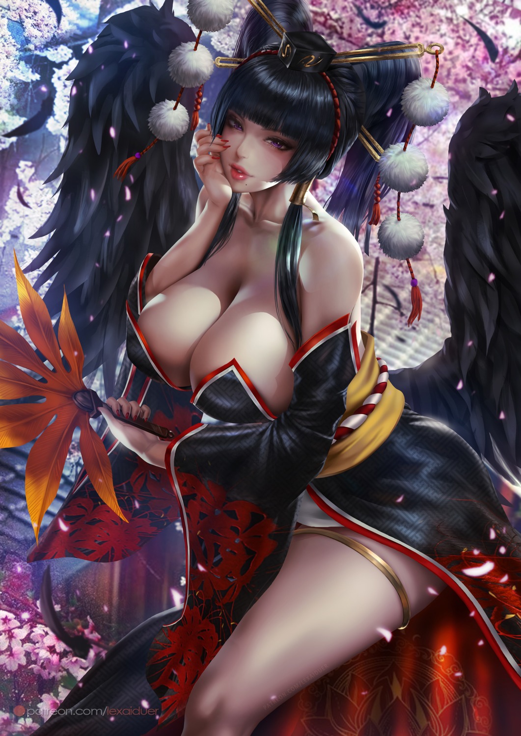 azur_lane dead_or_alive garter japanese_clothes lexaiduer no_bra nyotengu wings