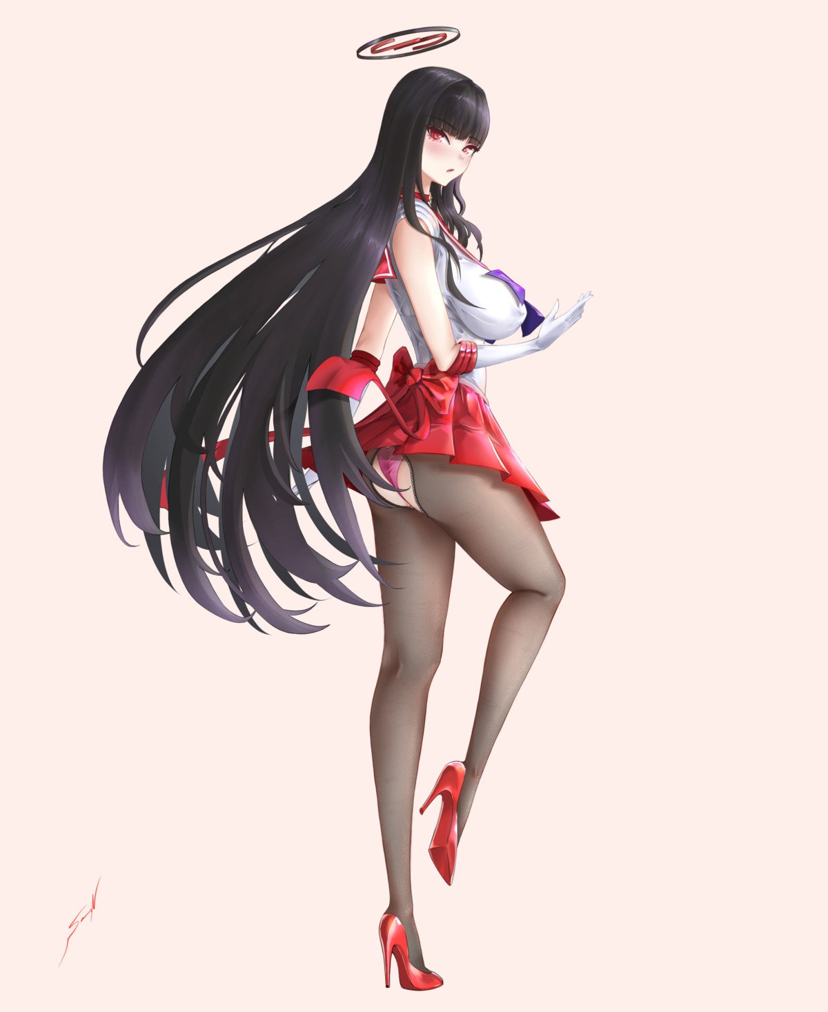 ass blue_archive cosplay crossover halo heels hino_rei nijisatara pantsu pantyhose sailor_moon seifuku skirt_lift thong tsukatsuki_rio