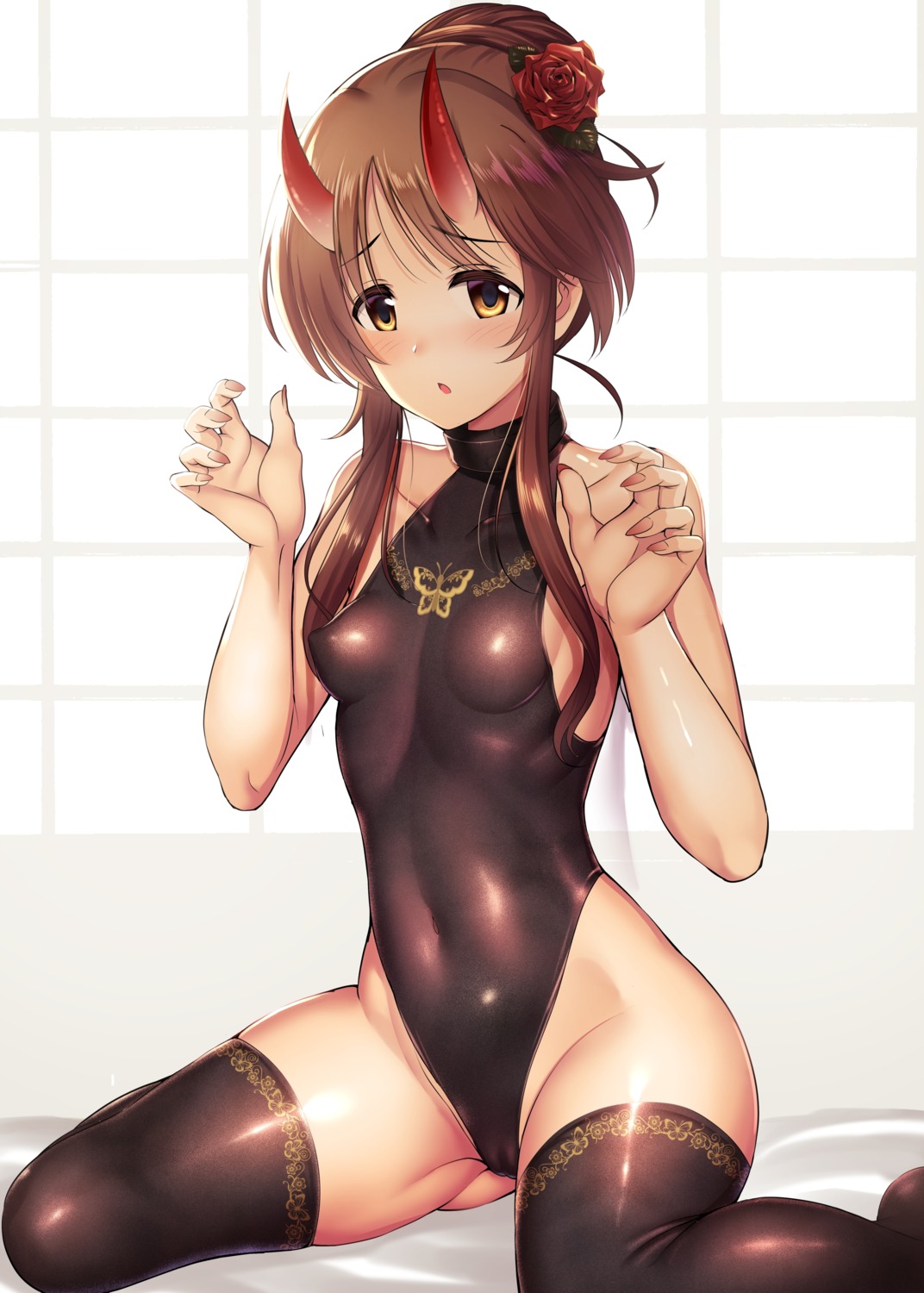 cameltoe erect_nipples horns leotard ment no_bra thighhighs