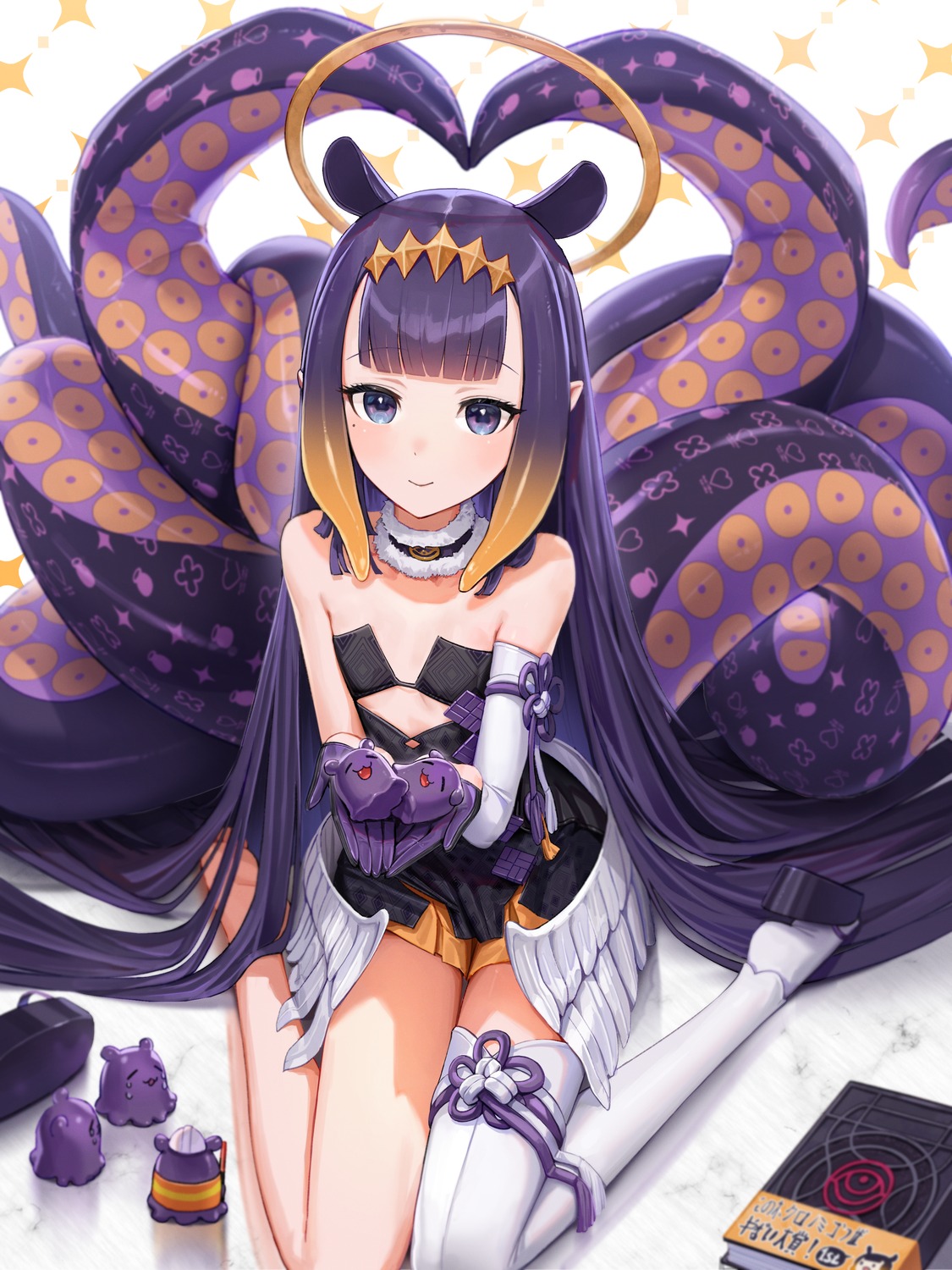 angel animal_ears cryturtle dress hololive hololive_english japanese_clothes loli ninomae_ina'nis no_bra pointy_ears tentacles thighhighs wings