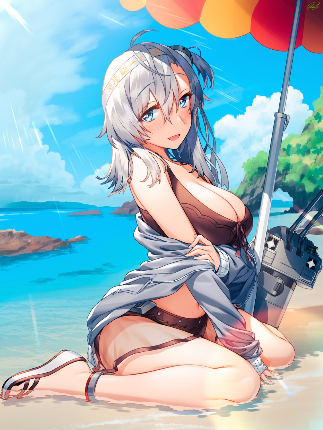 bikini blew_andwhite kantai_collection open_shirt suzutsuki_(kancolle) swimsuits wet