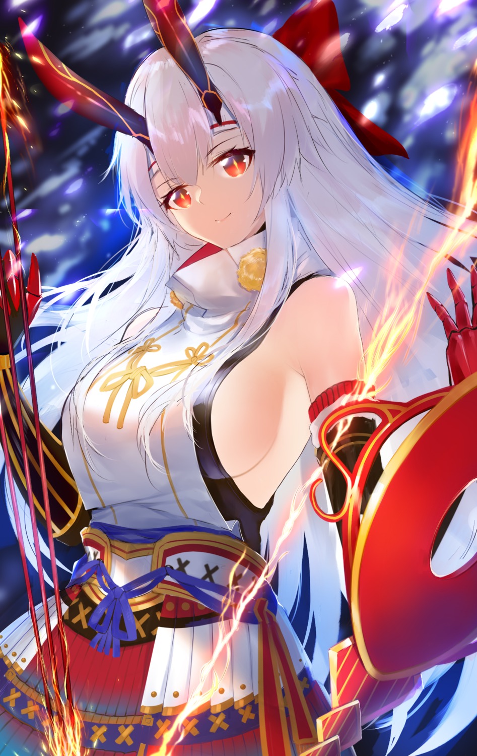 armor fate/grand_order horns horz japanese_clothes no_bra tomoe_gozen_(fate/grand_order)