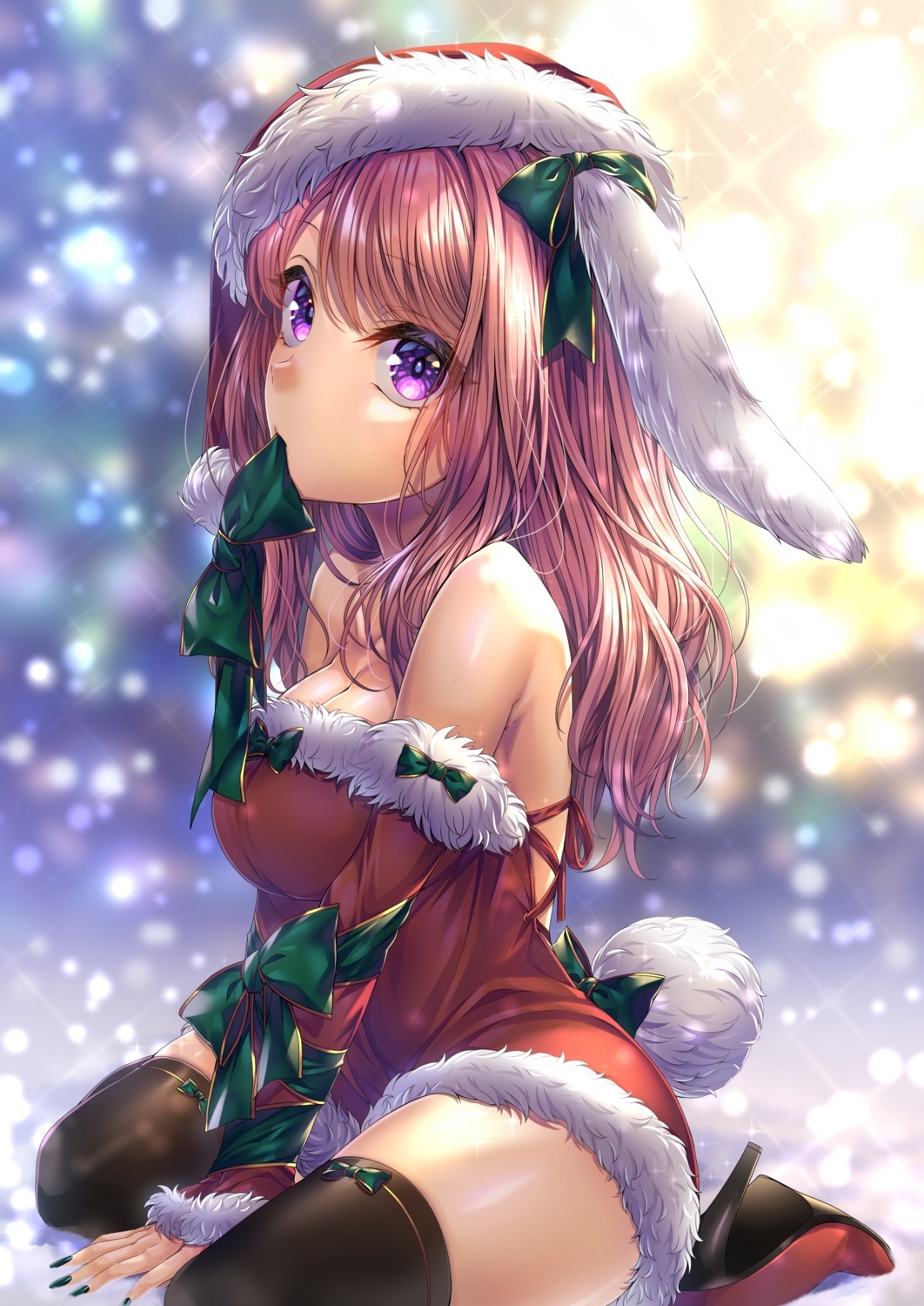 animal_ears bunny_ears christmas cleavage dress heels no_bra routo_(rot_0) tail thighhighs