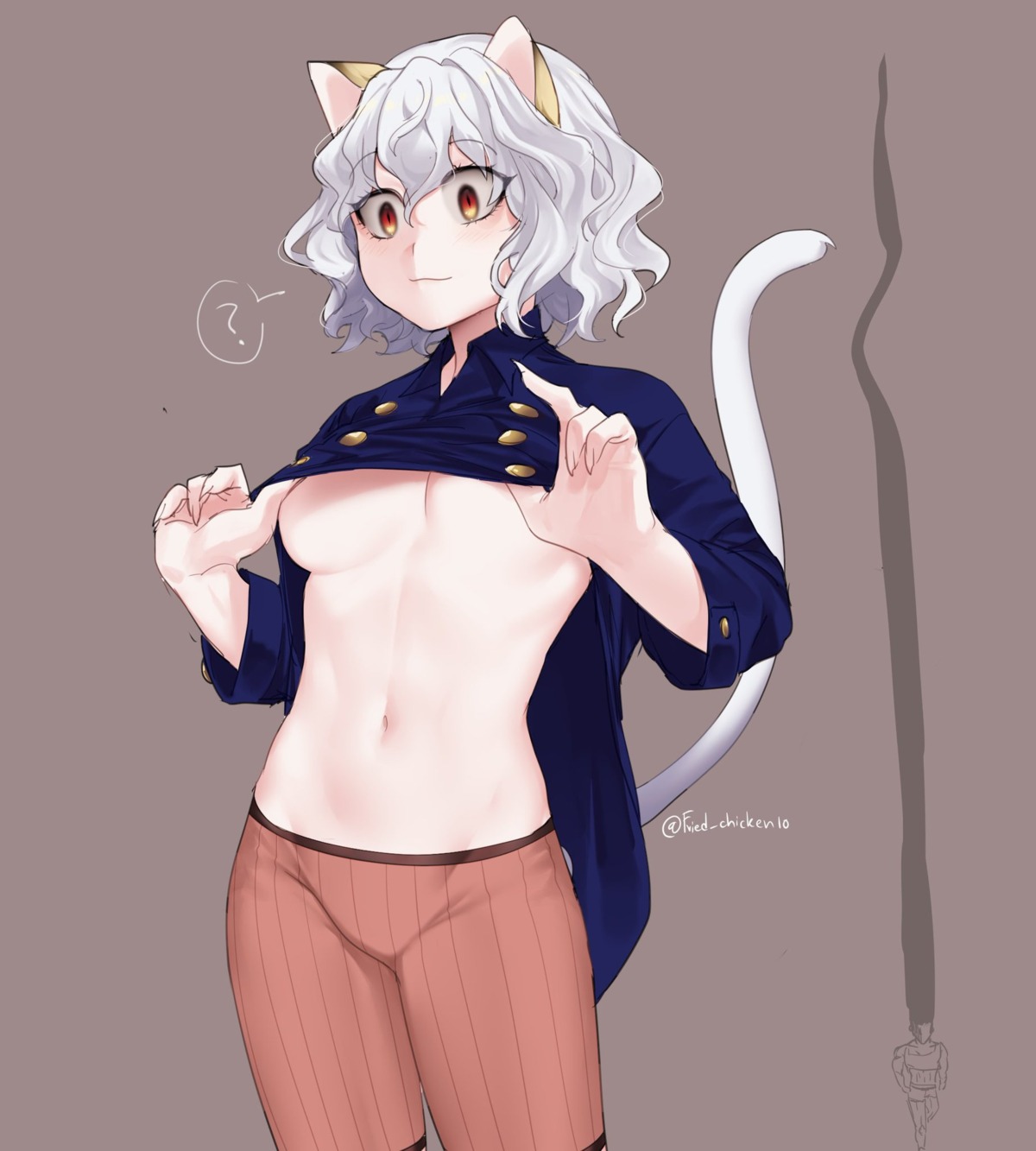 animal_ears breasts chigen hunter_x_hunter neferpitou nekomimi no_bra shirt_lift tail undressing