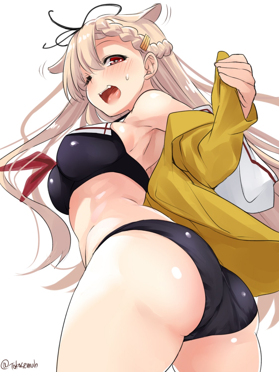 ass bikini kantai_collection open_shirt swimsuits takase_muu yuudachi_(kancolle)