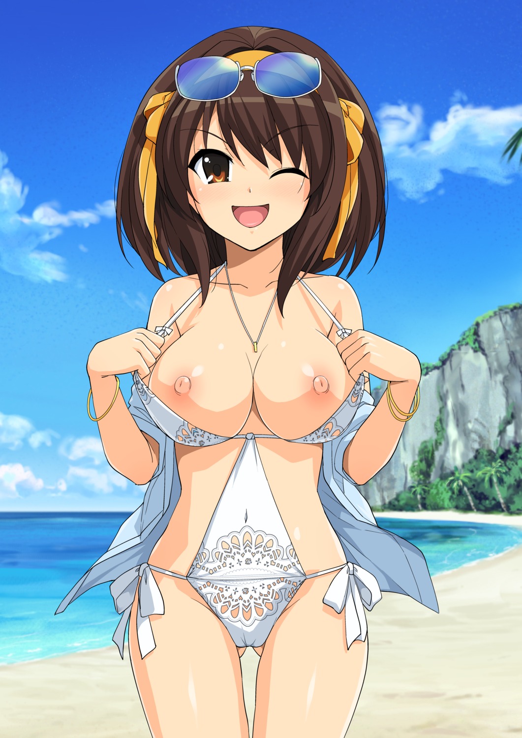 bikini breasts cameltoe haruhisky megane nipples open_shirt suzumiya_haruhi suzumiya_haruhi_no_yuuutsu swimsuits undressing