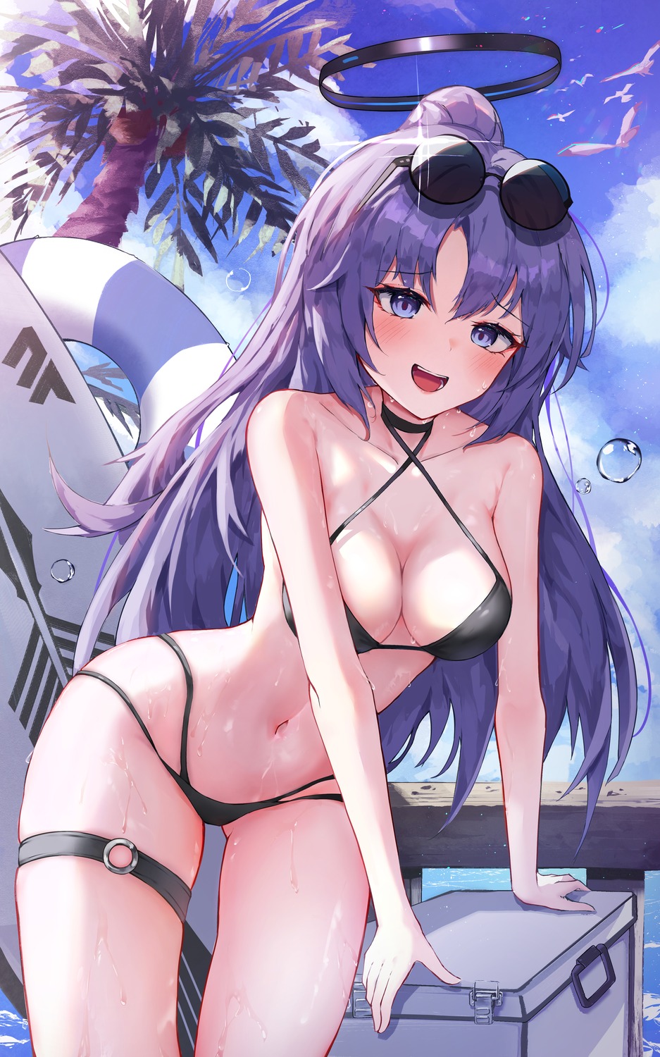 bikini blue_archive garter halo hayase_yuuka megane shiriaru_(jjonaeng) swimsuits wet