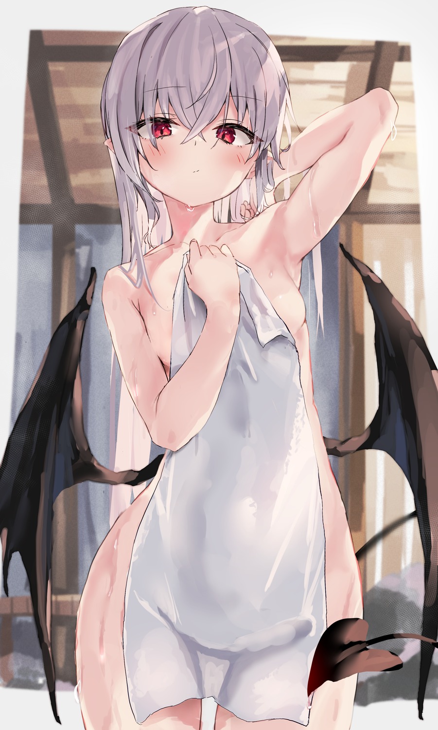 loli naked pointy_ears tail toshizou_(0714) towel wet wings