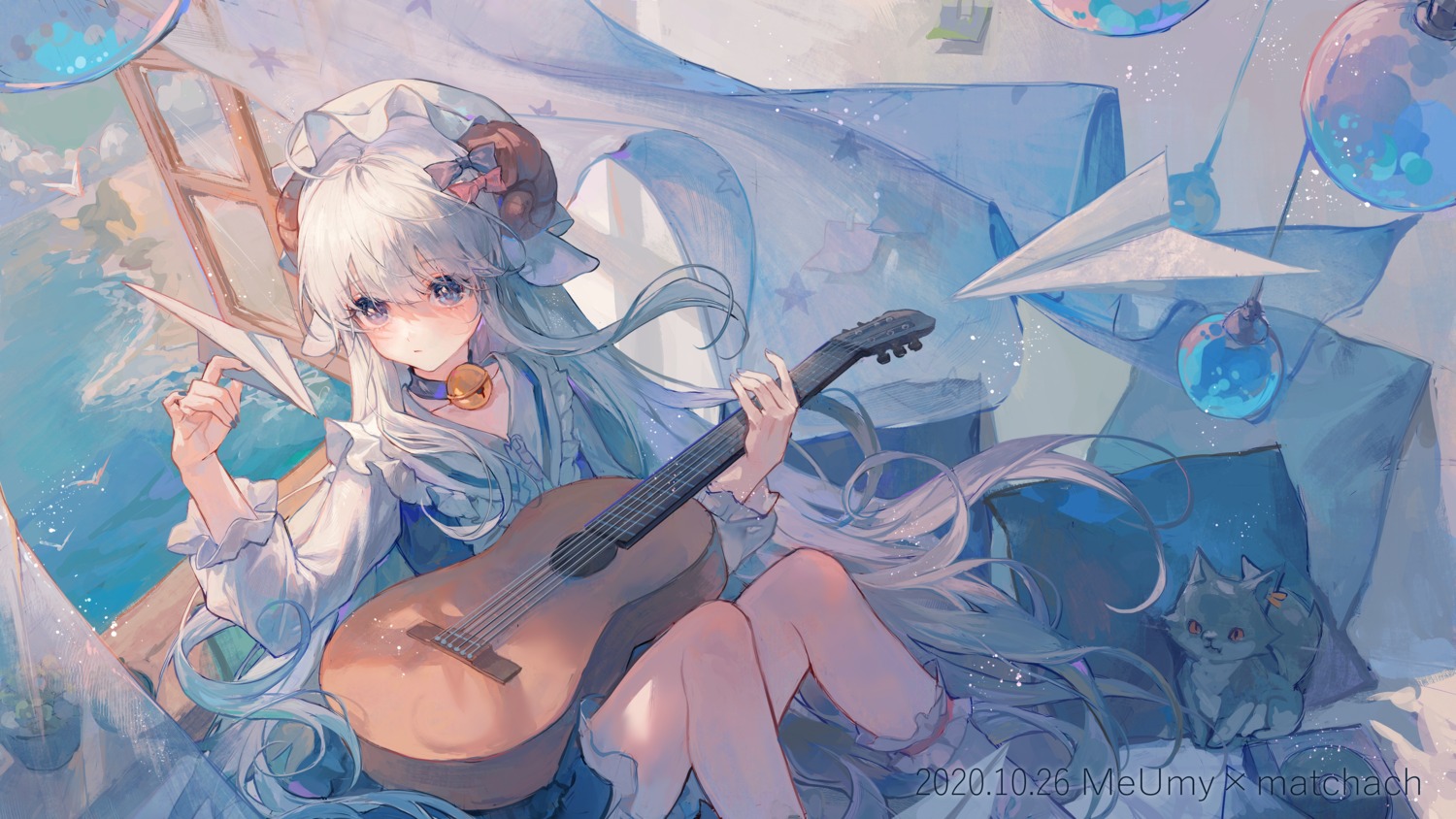 animal_ears dress guitar horns maccha_(mochancc) neko skirt_lift wallpaper