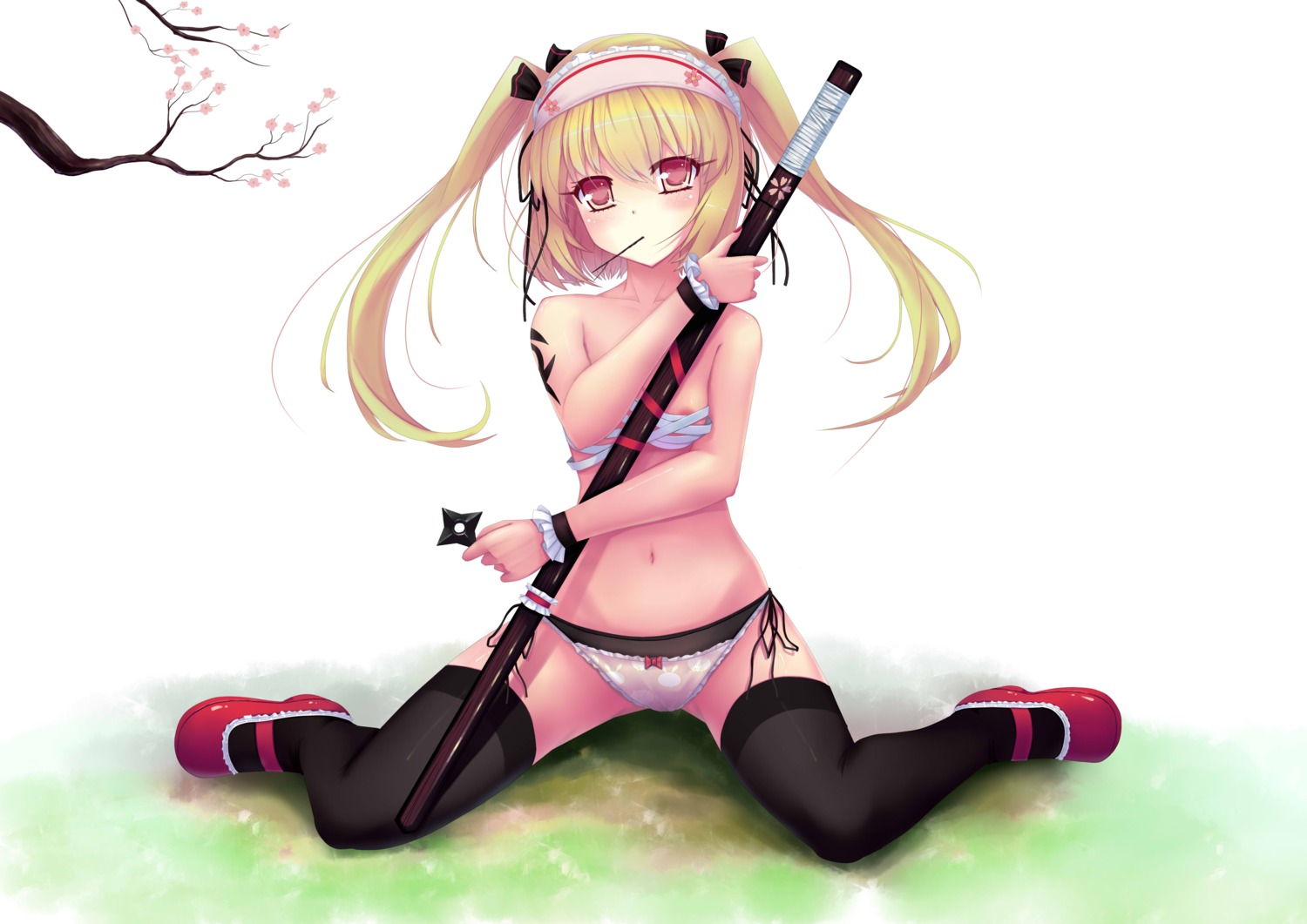 areola jpeg_artifacts loli pantsu sarashi sonikey0_0 string_panties sword thighhighs weapon