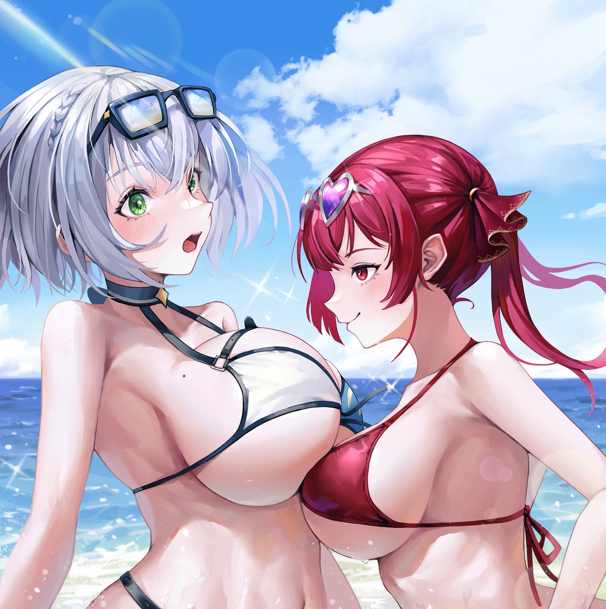 bikini bikini_top hololive houshou_marine megane natsugou_shinogi shirogane_noel swimsuits symmetrical_docking yuri