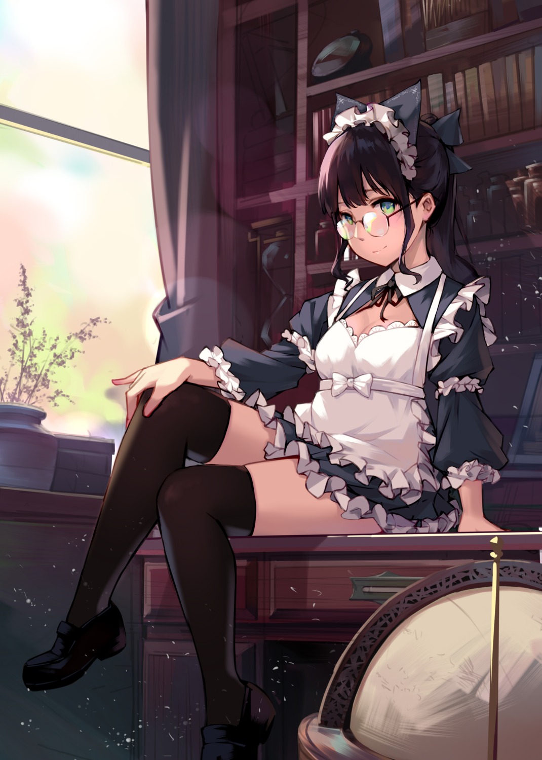 cleavage maid megane ren_huozhe thighhighs