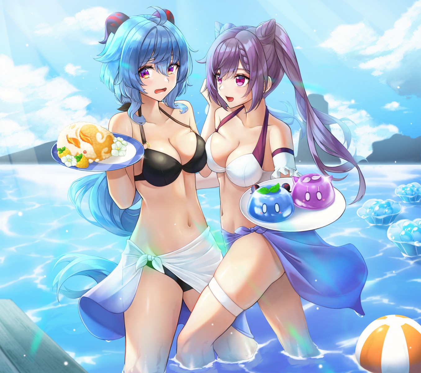 bikini ganyu garter genshin_impact horns keqing skirt_lift sora_(men0105) swimsuits wet