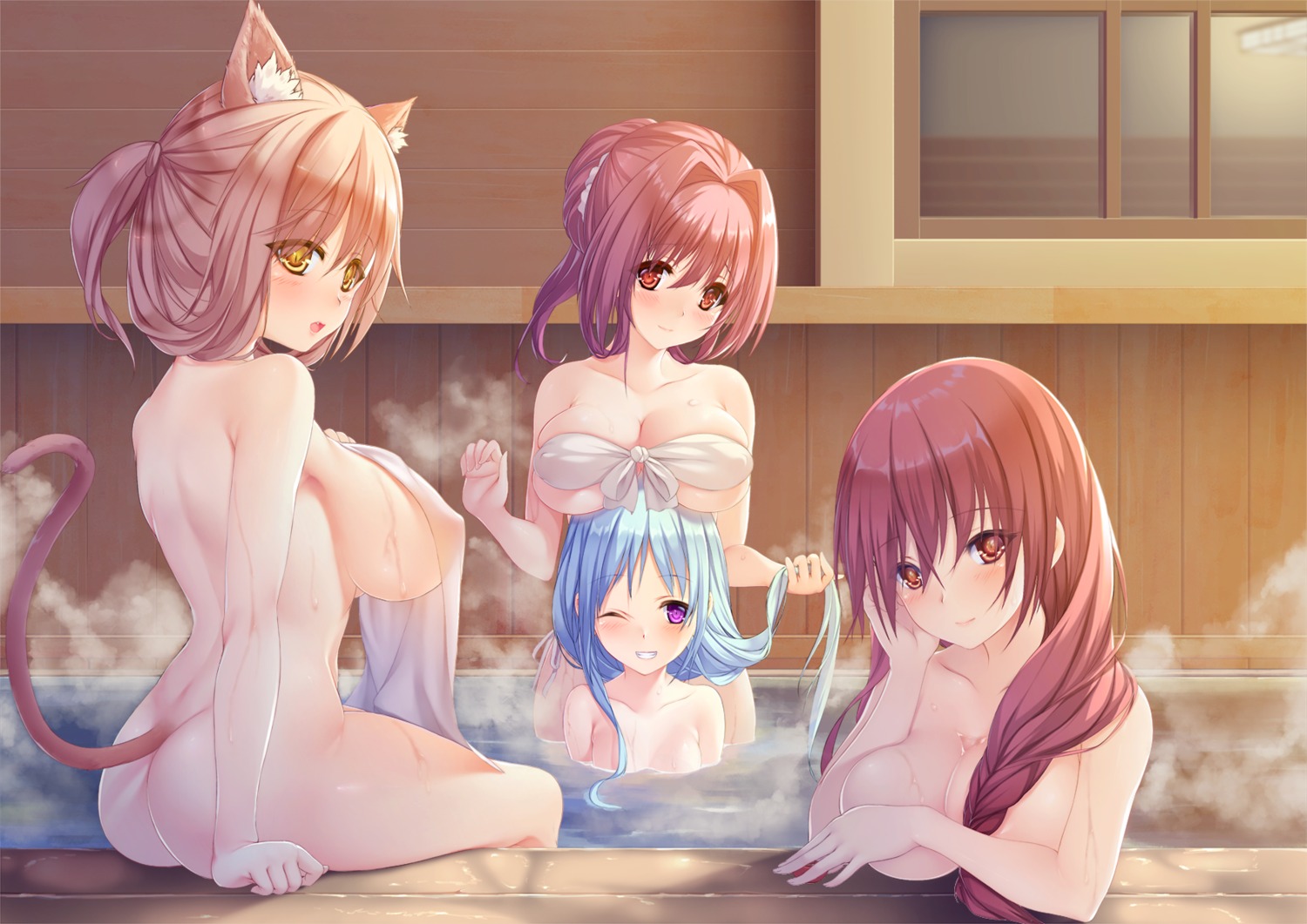 animal_ears ass bathing breast_hold haruhi_tamako naked nekomimi onsen tail topless towel wet
