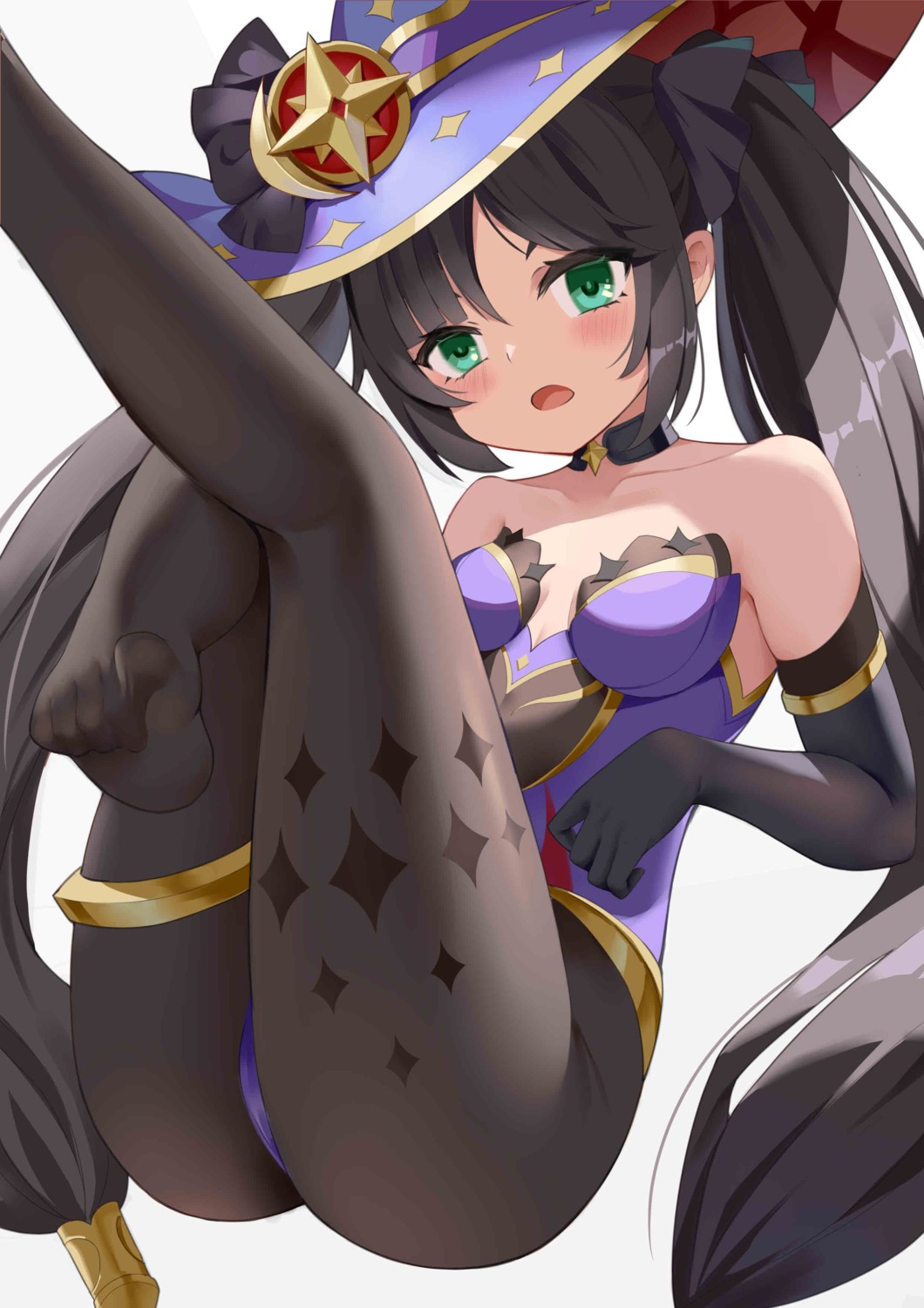 feet garter genshin_impact jpeg_artifacts leotard mona_megistus no_bra pantyhose qianqiu_wanxia witch