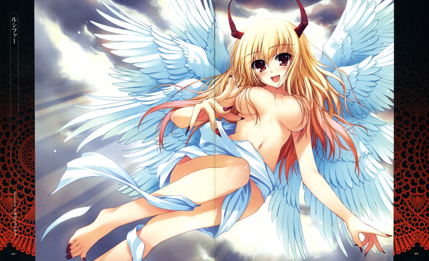 angel crease horns nopan tomose_shunsaku topless wings
